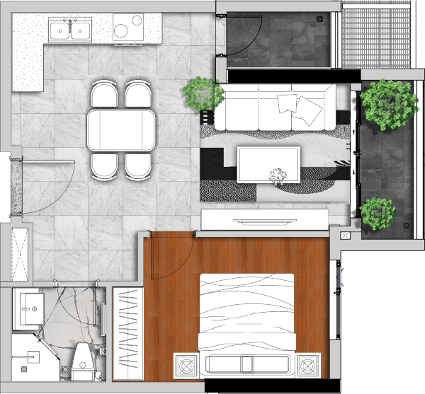 Thiết kế căn hộ Diamond Sky loại 1 phòng ngủ